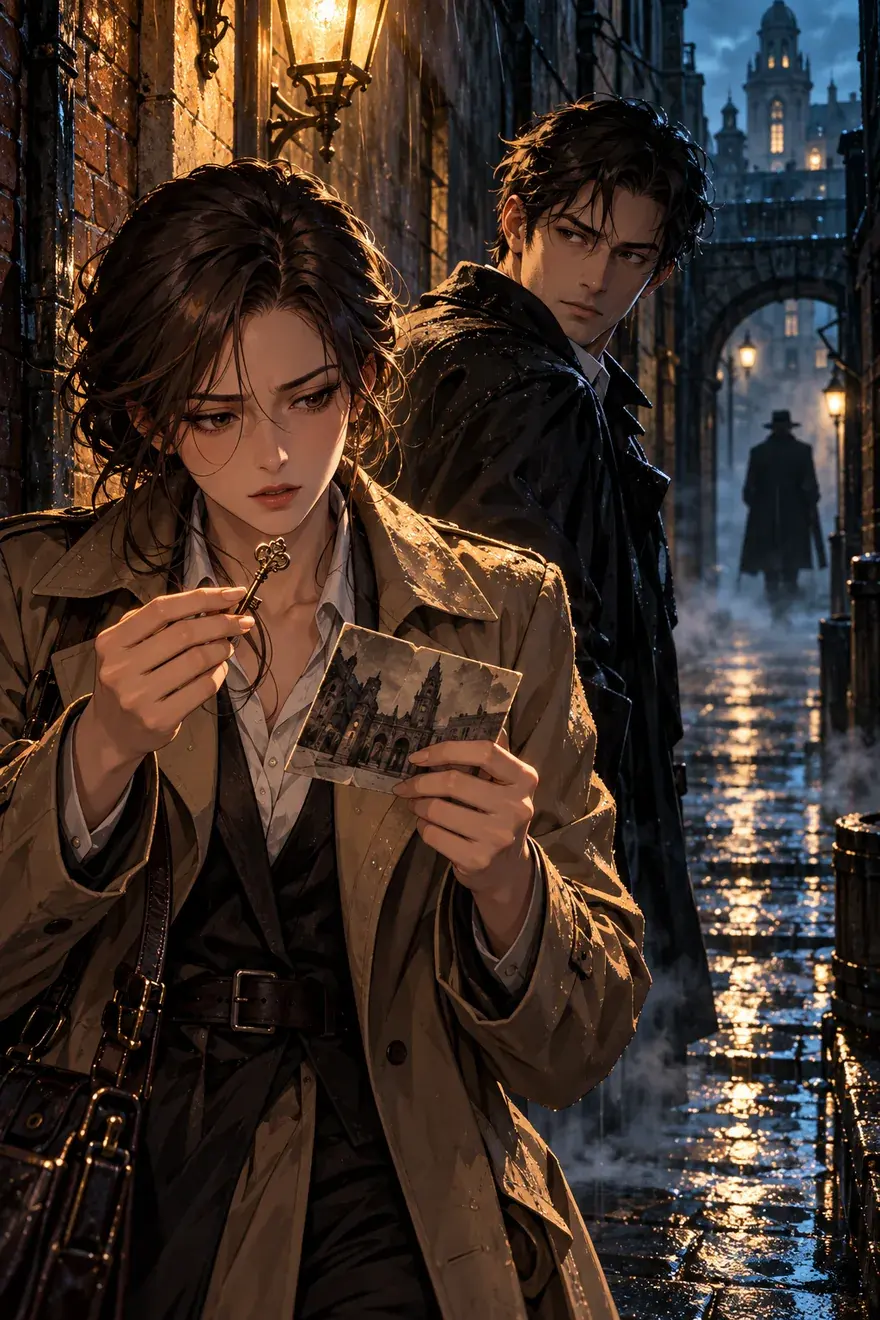 A woman in a trench coat studies a photo and a key on a rainy street at night while a man watches behind her.