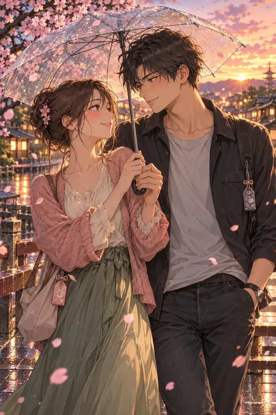 A couple shares a clear umbrella under falling cherry blossoms at sunset.