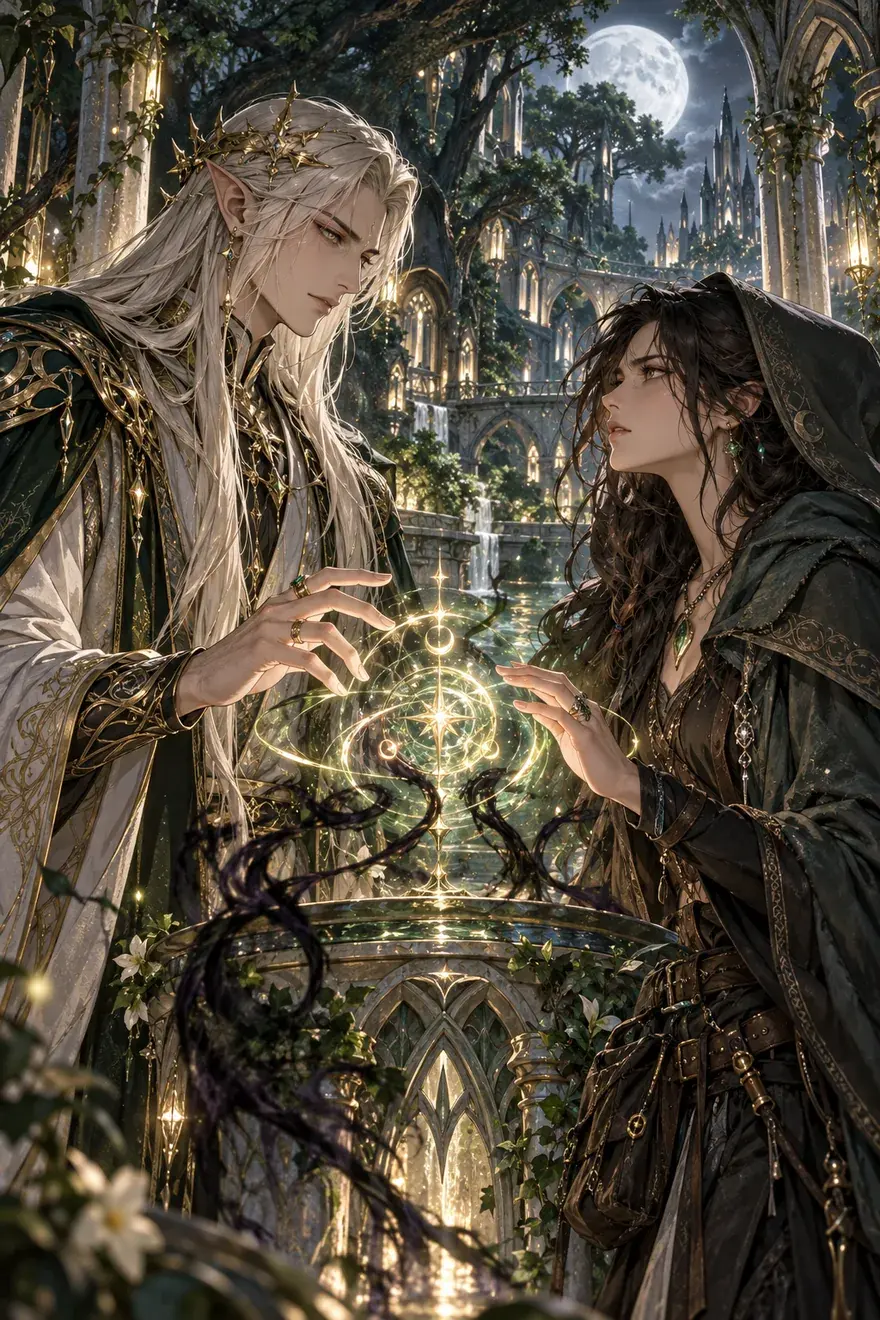 A silver-haired elf and a hooded woman hold a glowing spell between them in moonlit forest ruins.