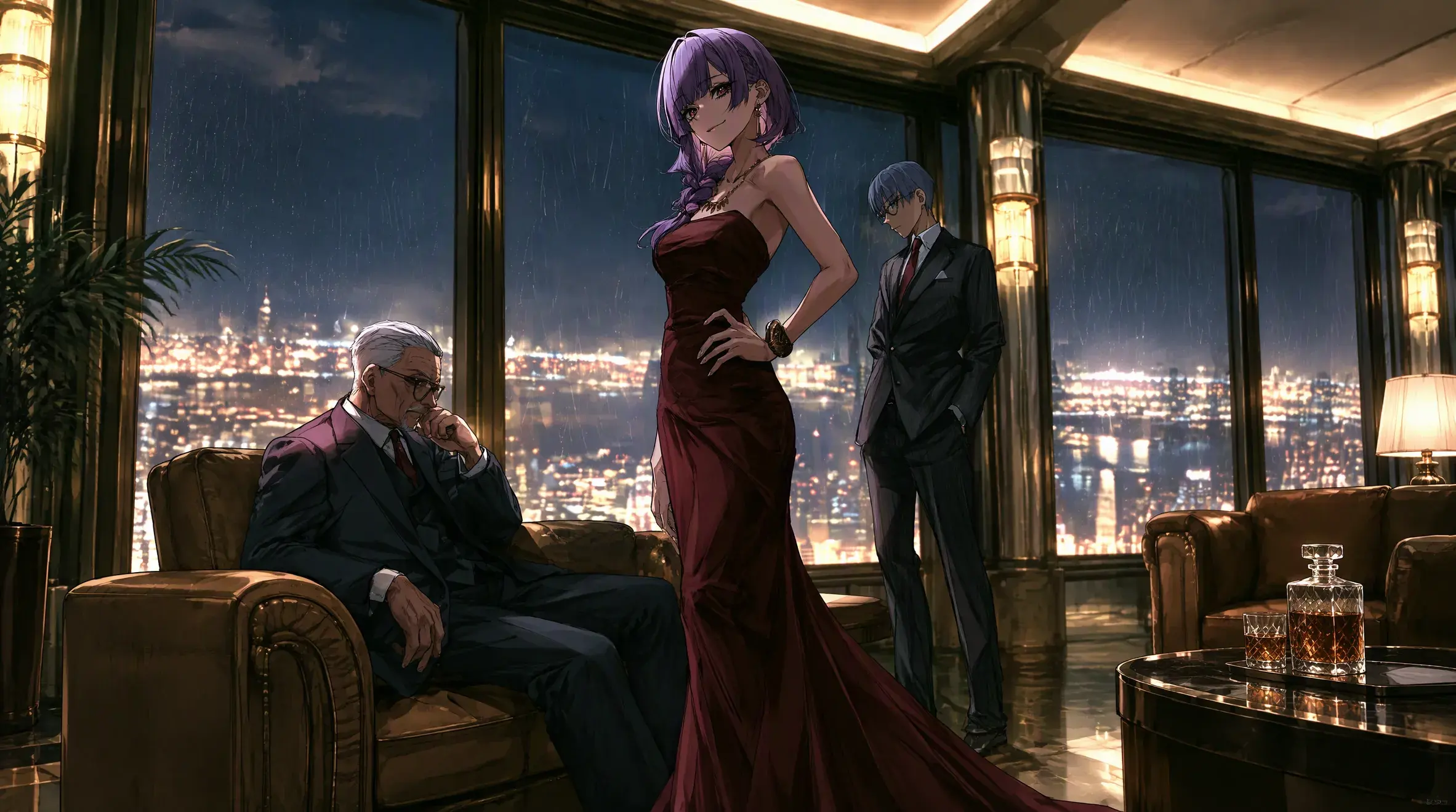 A woman in a red gown stands with a seated older man and a man in a suit in a lounge overlooking the city at night.