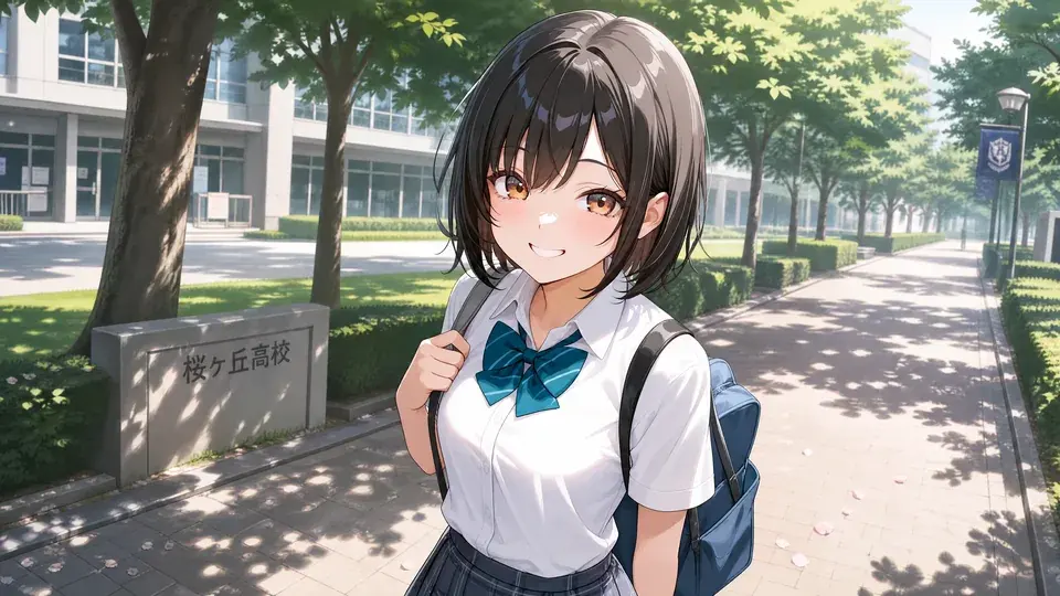高中校門外的林蔭道上,背著書包微笑的女學生。