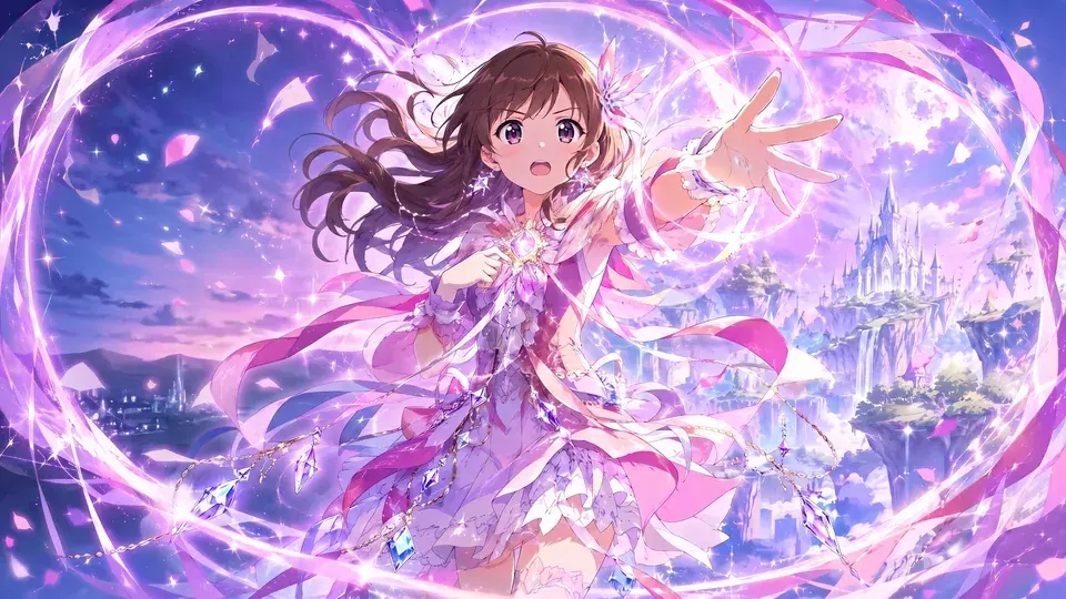 在童話般的城市上空揮出粉紅光芒的棕髮魔法少女。