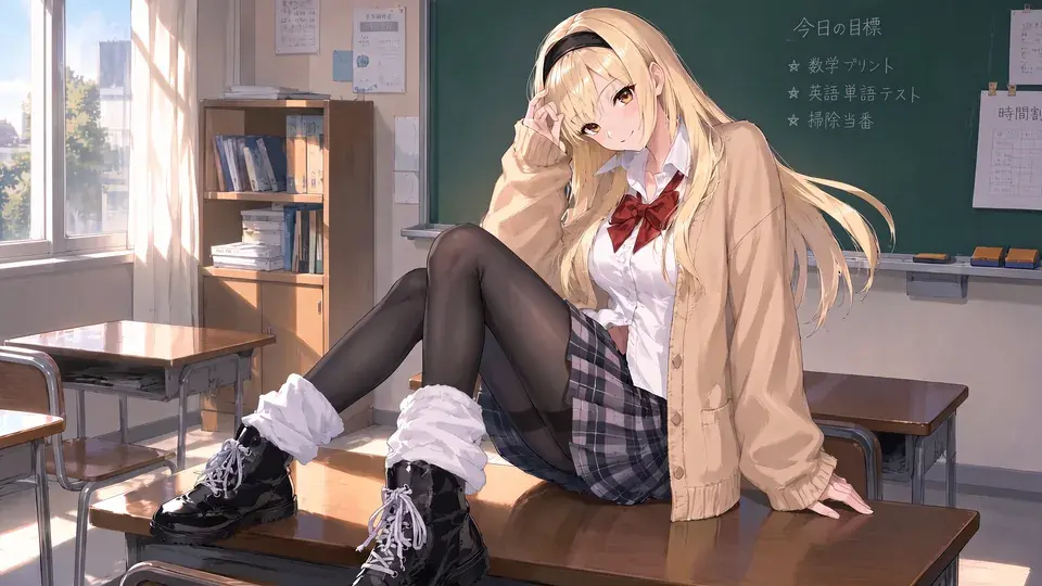 陽光灑落的教室裡,穿開襟衫坐在課桌上的金髮女學生。