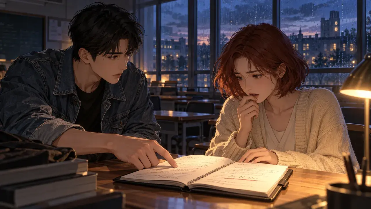 해 질 녘 도서관에서 청년이 노트의 한 페이지를 가리키고, 빨간 머리 학생이 놀란 얼굴로 읽고 있다.